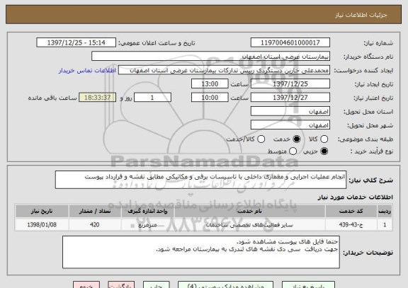 استعلام انجام عملیات اجرایی و معماری داخلی با تاسیسات برقی و مکانیکی مطابق نقشه و قرارداد پیوست