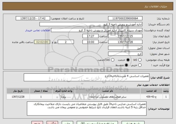 استعلام تعمیرات اساسی 4 هنرستانناحیه3کرج