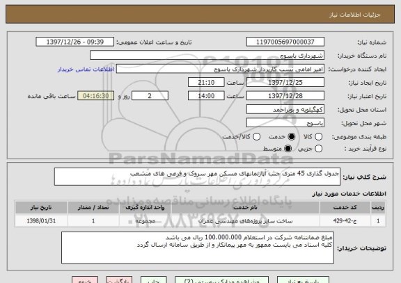 استعلام جدول گذاری 45 متری جنب آپارتمانهای مسکن مهر سروک و فرعی های منشعب