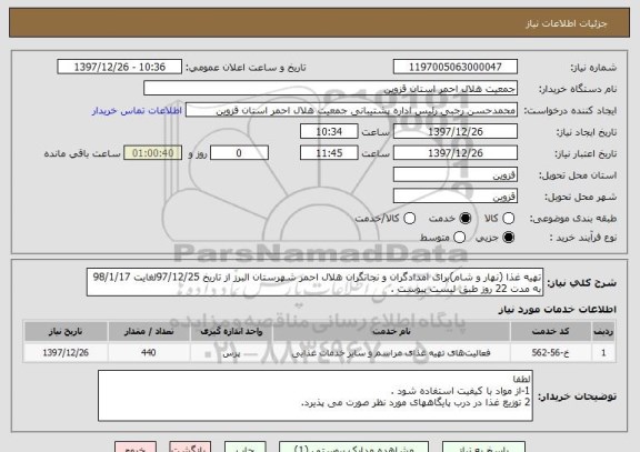 استعلام تهیه غذا (نهار و شام)برای امدادگران و نجاتگران هلال احمر شهرستان البرز از تاریخ 97/12/25لغایت 98/1/17 به مدت 22 روز طبق لیست پیوست .