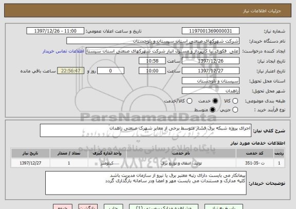 استعلام اجرای پروژه شبکه برق فشار متوسط برخی از معابر شهرک صنعتی زاهدان