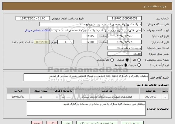 استعلام عملیات راهبری و نگهداری تصفیه خانه فاضلاب و شبکه فاضلاب شهرک صنعتی ایرانشهر