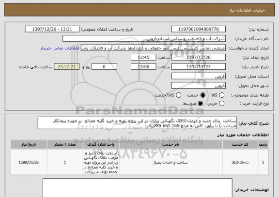 استعلام ساخت  بنای جدید و مرمت اتاقک نگهبانی زیاران در این پروژه تهیه و خرید کلیه مصالح  بر عهده پیمانکار میباشد.) با برآورد کلی به مبلغ 285،661،165ریال 