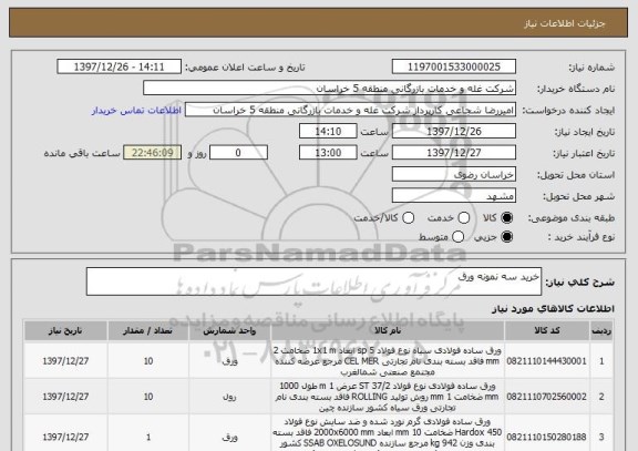 استعلام خرید سه نمونه ورق 