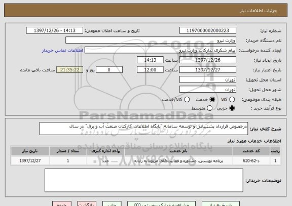 استعلام درخصوص قرارداد پشتیبانی و توسعه سامانه "پایگاه اطلاعات کارکنان صنعت آب و برق" در سال 