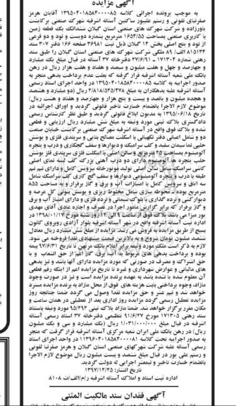 مزایده،مزایده ششدانگ یک قطعه زمین کاربری صنعتی 1654.55 متر