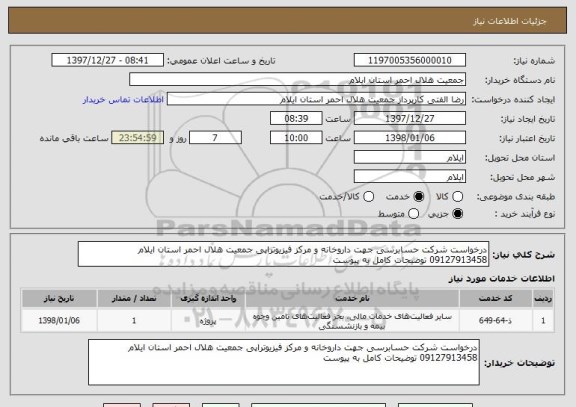 استعلام درخواست شرکت حسابرسی جهت داروخانه و مرکز فیزیوتراپی جمعیت هلال احمر استان ایلام
09127913458 توضیحات کامل به پیوست