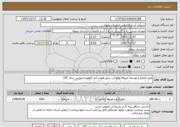 استعلام طرح اصلاح و توسعه شبکه توزیع آب شهر همت آباد (اولویت اجرایی سال 97)