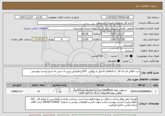 استعلام درب اتاقی ام دی اف  با ضخامت 6 میل با روکش  0/4 و طرحدار سی ان سی به شرح لیست پیوستی