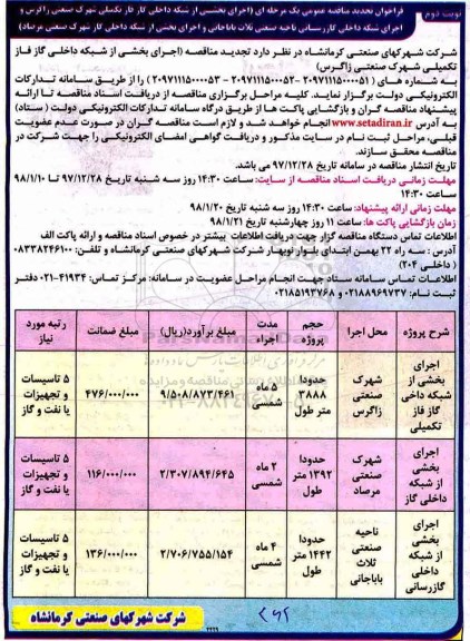 فراخوان مناقصه عمومی , تجدید مناقصه اجرای بخشی از شبکه داخلی گاز فاز تکمیلی... نوبت دوم 