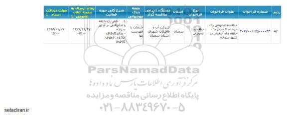 مناقصه حفر یک حلقه چاه آبرفتی