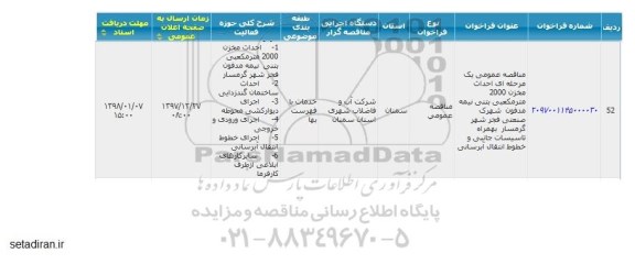 فراخوان مناقصه , فراخوان مناقصه عمومی یک مرحله ای احداث 2000 مترمکعبی بتنی نیمه مدفون