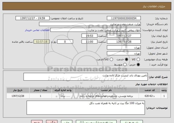استعلام تامین پهنای باند اینترنت مرکز داده وزارت 