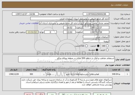 استعلام استعلام حفاظت و قرق در سطح 500 هکتار در منطقه بورالان ماکو 