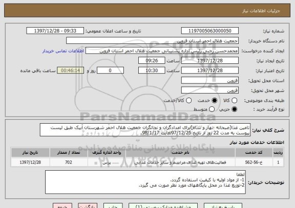 استعلام تامین غذا(صبحانه ؛نهار و شام)برای امدادگران و نجاتگران جمعیت هلال احمر شهرستان آبیک طبق لیست پیوست به مدت 22 روز از تازیخ 97/12/25لغایت 98/1/17.