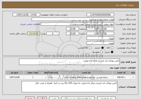 استعلام تامین پهنای باند اینترنت مرکز داده وزارت