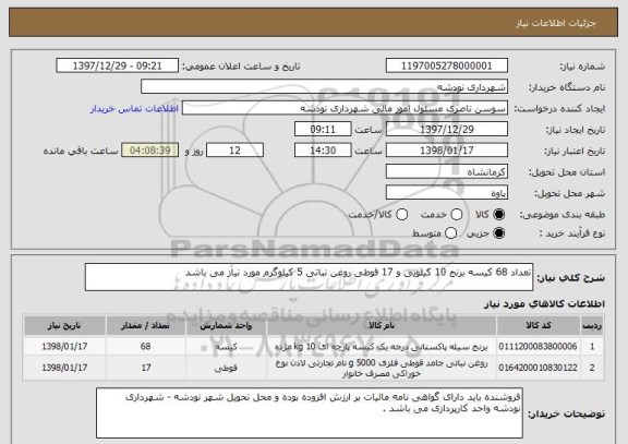 استعلام تعداد 68 کیسه برنج 10 کیلویی و 17 قوطی روغن نباتی 5 کیلوگرم مورد نیاز می باشد 
