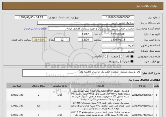 استعلام کابل وسیم شرکت  صنعتی الکتــریک خراسان (افشارنژاد)