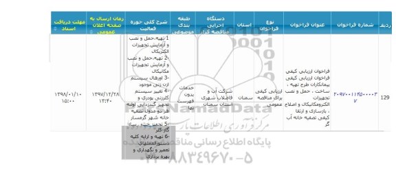 فراخوان, فراخوان طرح تهیه، ساخت، حمل و نصب تجهیزات الکترومکانیکال ...