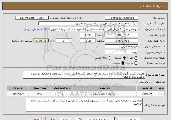 استعلام عملیات کیسه گیری5000تن کود شیمیایی فله شامل کیسه گیری ، توزین ، سردوزی و صفافی در انبار یا بارگیری روی کامیون