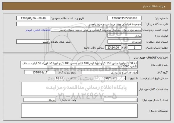 استعلام لپه 50 کیلو-لوبیا چیتی 150 کیلو- لوبیا قرمز 100 کیلو- عدس 100 کیلو- لوبیا کشاورزی 50 کیلو - سماق تکنفره 3000 عدد
