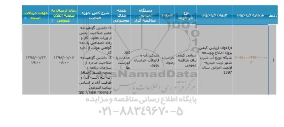 فراخوان ارزیابی, فراخوان ارزیابی کیفی پروژه اصلاح و توسعه شبکه توزیع آب شرب شهر 