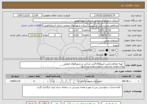 استعلام - تهیه مصالح و نصب شیرهای آتش نشانی در شهرکهای صنعتی بوکان،مهاباد،میاندوآب،شاهیندژ،نقده،پیرانشهر