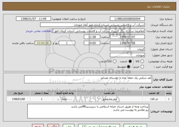 استعلام کف شکنی یک حلقه چاه در روستای تجدانو