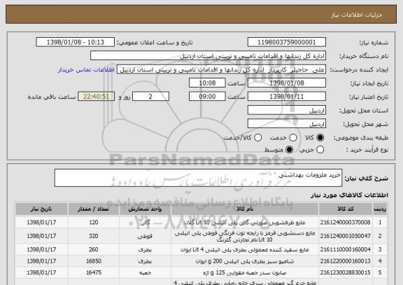استعلام خرید ملزومات بهداشتی 