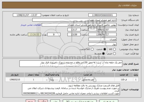 استعلام حفر یک حلقه چاه آب شرب به عمق 130متر واقع در محدوده شهرک دامپروری قرق بهار