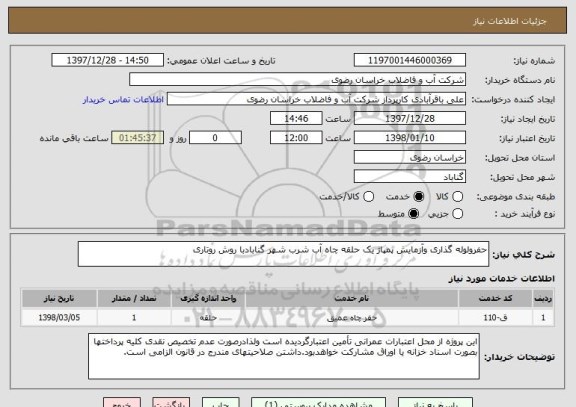 استعلام حفرولوله گذاری وآزمایش پمپاژ یک حلقه چاه آب شرب شهر گنابادبا روش روتاری