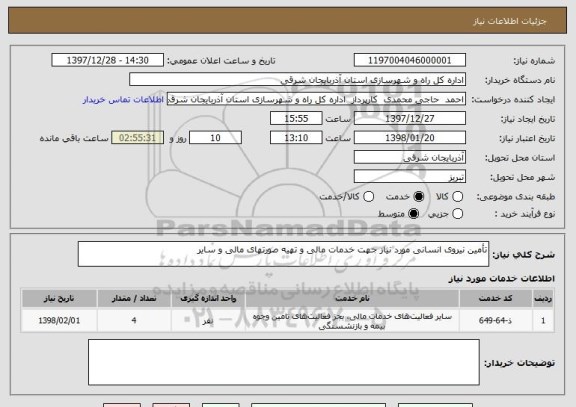 استعلام تأمین نیروی انسانی مورد نیاز جهت خدمات مالی و تهیه صورتهای مالی و سایر