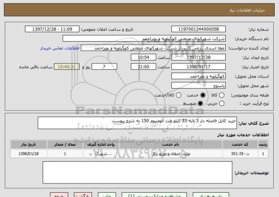 استعلام خرید کابل فاصله دار 3 لایه 33 کیلو ولت آلومنیوم 150 به شرح پیوست