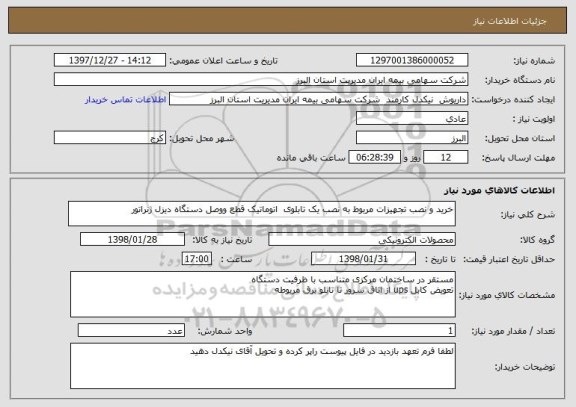 استعلام خرید و نصب تجهیزات مربوط به نصب یک تابلوی  اتوماتیک قطع ووصل دستگاه دیزل ژنراتور 