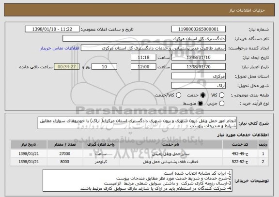 استعلام انجام امور حمل ونقل درون شهری و برون شهری دادگستری استان مرکزی( اراک) با خودروهای سواری مطابق شرایط و مندرجات پیوست