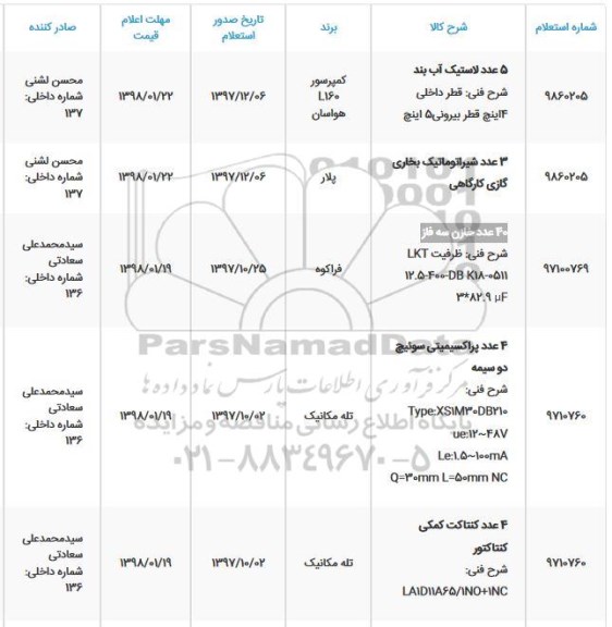 استعلام استعلام 5 عدد لاستیک آب بند  و...