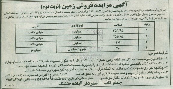 مزایده مزایده فروش سه قطعه زمین نوبت دوم