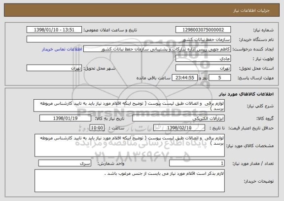 استعلام لوازم برقی  و اتصالات طبق لیست پیوست ( توضیح اینکه اقلام مورد نیاز باید به تایید کارشناس مربوطه برسد )