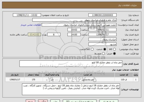 استعلام حفر چاه اب بقطر حفاری 18 اینچ 