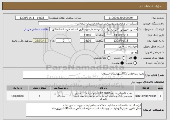 استعلام پمپ سرخطی MXVشهرستان شیروان 