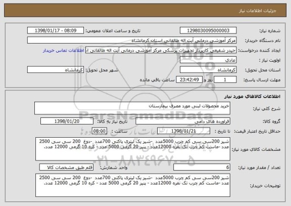 استعلام خرید محصولات لبنی مورد مصرف بیمارستان