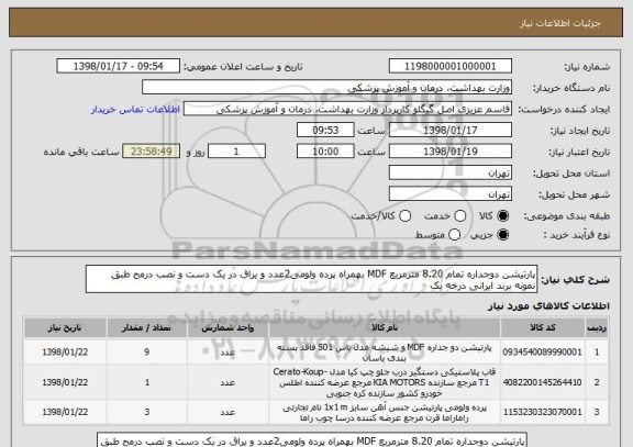 استعلام پارتیشن دوجداره تمام 8.20 مترمربع MDF بهمراه پرده ولومی2عدد و یراق در یک دست و نصب درمح طبق نمونه برند ایرانی درجه یک