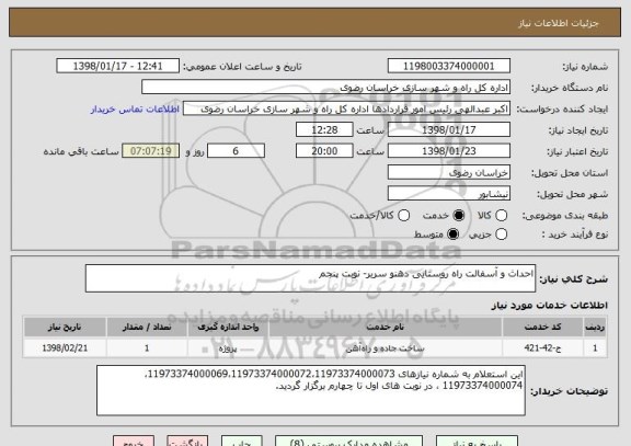 استعلام احداث و آسفالت راه روستایی دهنو سربر- نوبت پنجم