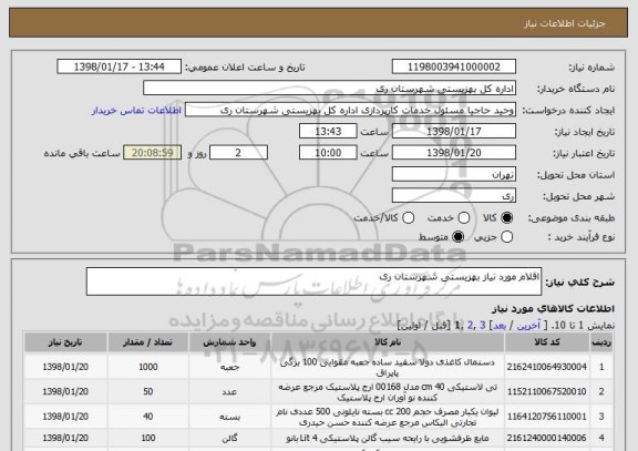 استعلام اقلام مورد نیاز بهزیستی شهرستان ری