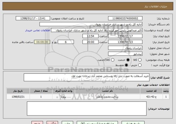 استعلام خرید آسفالت به صورت تنی راه روستایی محمد آباد زبرخان- نوبت اول