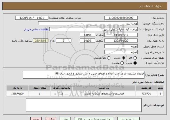 استعلام قرارداد مشاوره باز طراحی  اعلام و اطفای حریق و آتش نشانی و ایمنی سال 98	