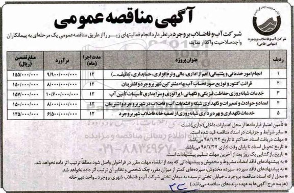 مناقصه ، مناقصه انجام امور خدماتی و پشتیبانی....