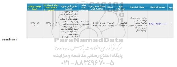 مناقصه تکمیل ساختمان مرکز آموزش تجدید