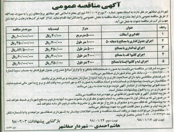 آگهی مناقصه عمومی ، مناقصه لکه گیری آسفالت و....