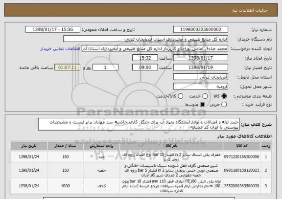 استعلام خرید لوله و اتصالات و لوازم ایستگاه پمپاژ آب برای جنگل کاری حاشیه سد مهاباد برابر لیست و مشخصات پیوستی با ایران کد مشابه